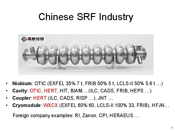 Chinese SRF Industry • • Niobium: OTIC (EXFEL 35% 7 t, FRIB 50% 5