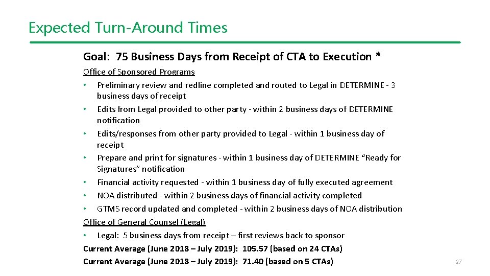 Expected Turn-Around Times Goal: 75 Business Days from Receipt of CTA to Execution *