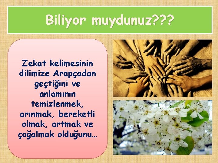 Biliyor muydunuz? ? ? Zekat kelimesinin dilimize Arapçadan geçtiğini ve anlamının temizlenmek, arınmak, bereketli