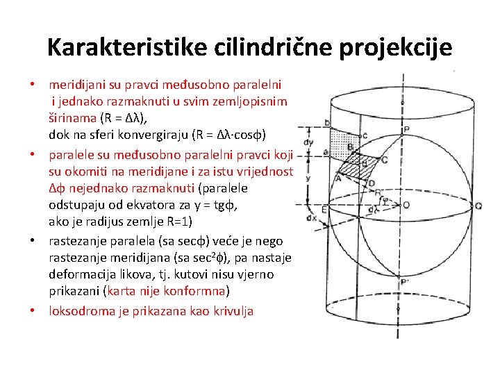 Karakteristike cilindrične projekcije • meridijani su pravci međusobno paralelni i jednako razmaknuti u svim