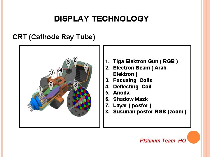 DISPLAY TECHNOLOGY CRT (Cathode Ray Tube) 1. Tiga Elektron Gun ( RGB ) 2.