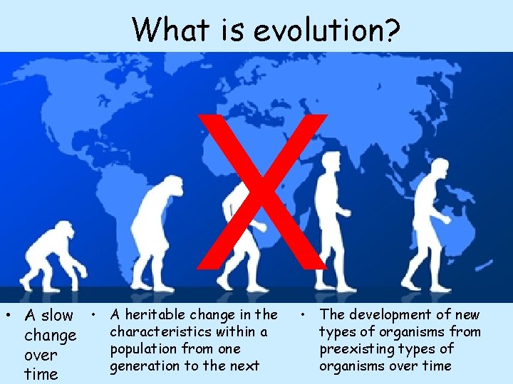What is evolution? X • A slow • A heritable change in the characteristics