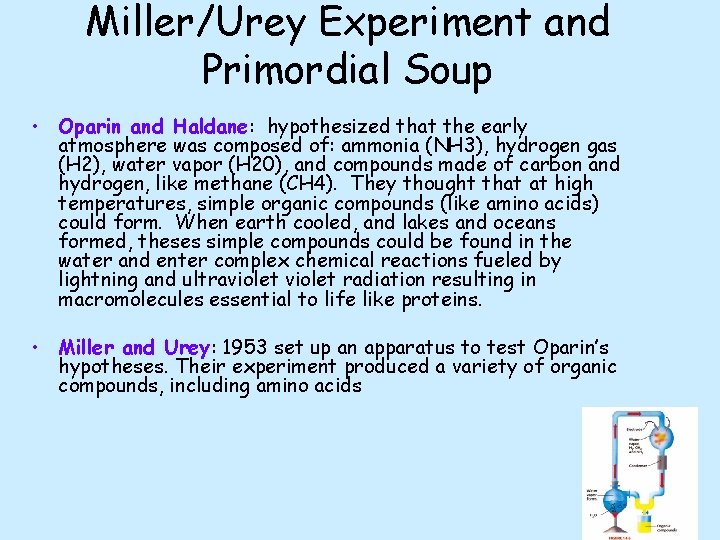 Miller/Urey Experiment and Primordial Soup • Oparin and Haldane: hypothesized that the early atmosphere