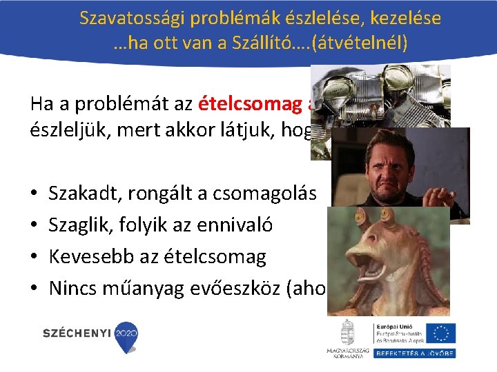 Szavatossági problémák észlelése, kezelése …ha ott van a Szállító…. (átvételnél) Ha a problémát az