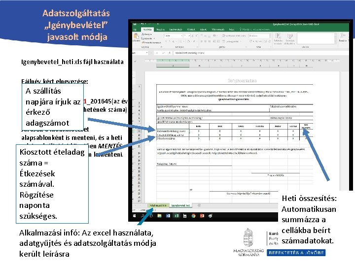 Adatszolgáltatás „Igénybevlétel” javasolt módja Igenybevetel_heti xls fájl használata Fájlnév kért elnevezése: A szállítás Igenybevetel_heti_001_201645(az