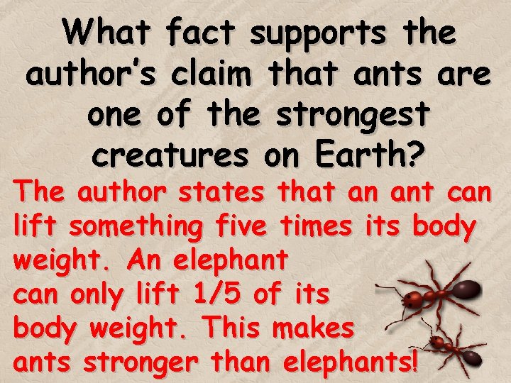 What fact supports the author’s claim that ants are one of the strongest creatures What fact supports the author’s claim that ants are one of the strongest creatures