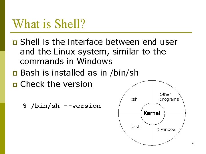 What is Shell? Shell is the interface between end user and the Linux system,
