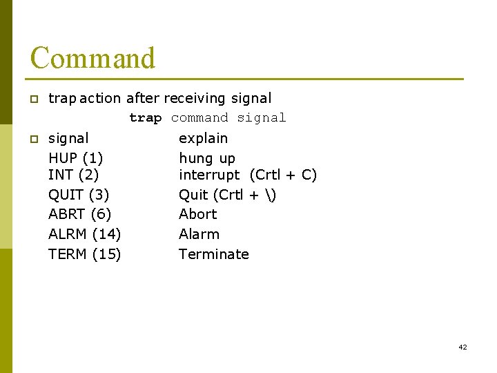 Command p trap action after receiving signal trap command signal p signal HUP (1)