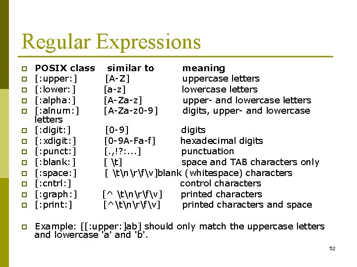 Regular Expressions p p p p POSIX class [: upper: ] [: lower: ]