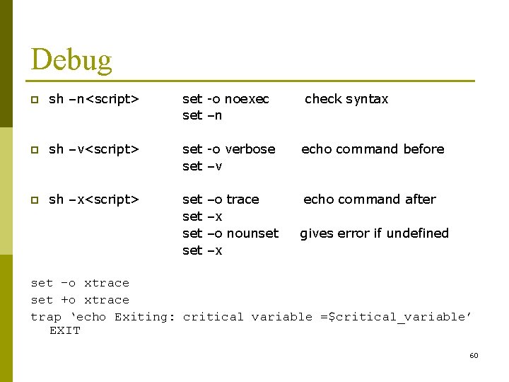 Debug p sh –n<script> set -o noexec set –n check syntax p sh –v<script>
