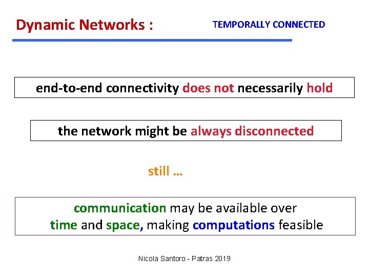 Dynamic Networks : TEMPORALLY CONNECTED end-to-end connectivity does not necessarily hold the network might