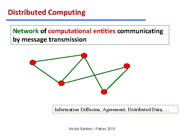 Distributed Computing Network of computational entities communicating by message transmission Information Diffusion, Agreement, Distributed