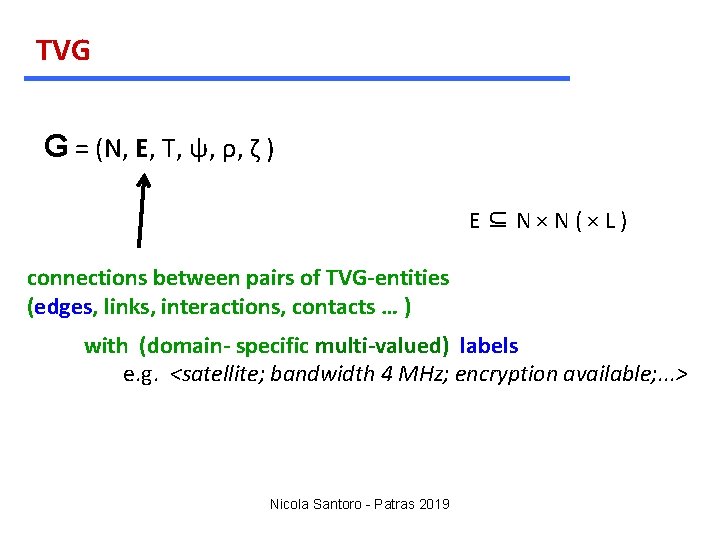 TVG G = (N, E, T, ψ, ρ, ζ ) E⊆N×N(×L) connections between pairs