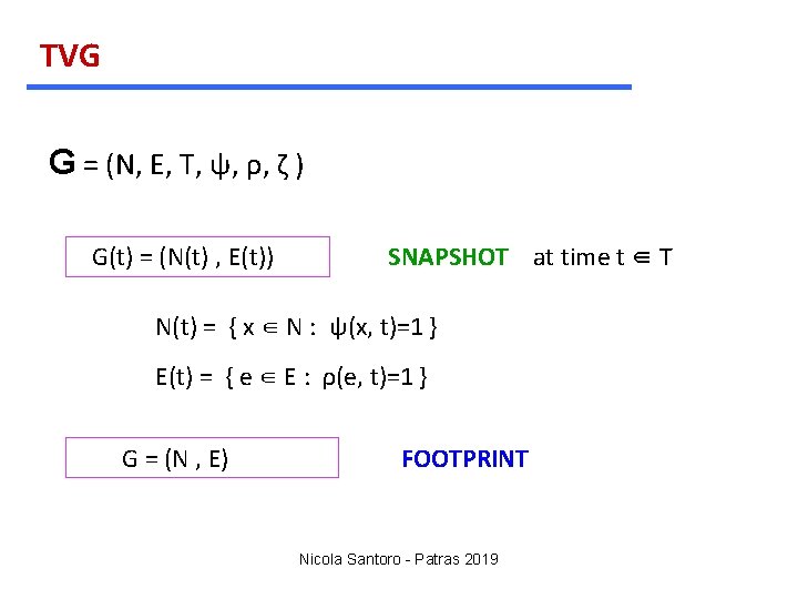 TVG G = (N, E, T, ψ, ρ, ζ ) G(t) = (N(t) ,