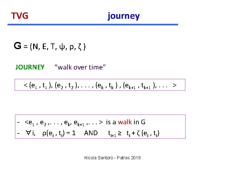 TVG journey G = (N, E, T, ψ, ρ, ζ ) JOURNEY “walk over