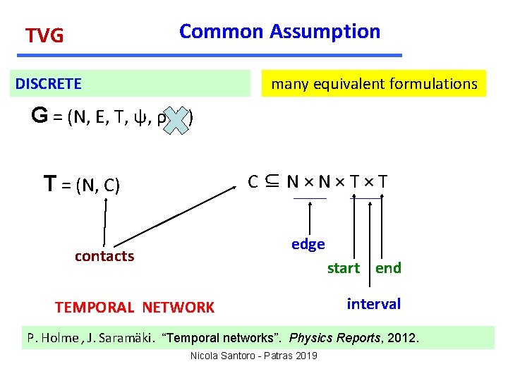 Common Assumption TVG DISCRETE many equivalent formulations G = (N, E, T, ψ, ρ,