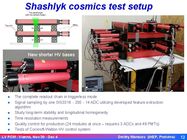 Shashlyk cosmics test setup New shorter HV bases The complete readout chain in triggerless