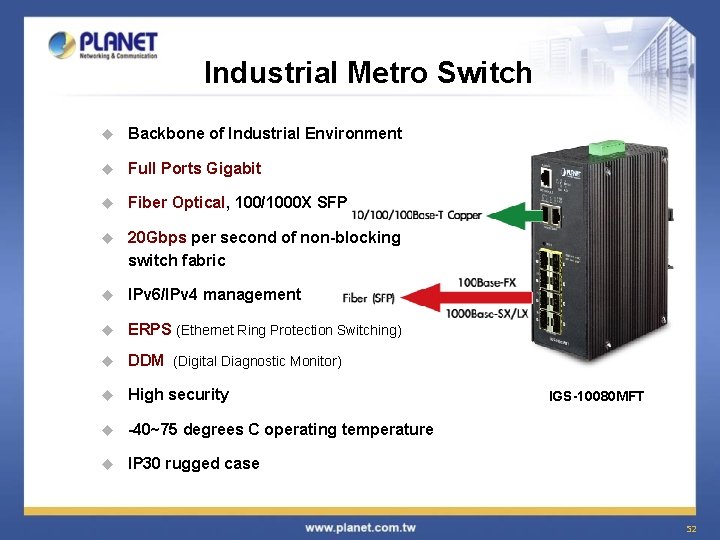 Industrial Metro Switch u Backbone of Industrial Environment u Full Ports Gigabit u Fiber