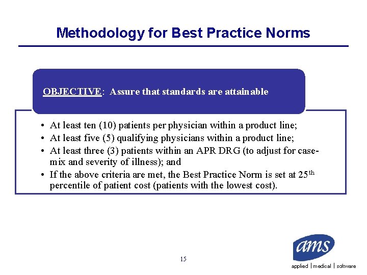 Methodology for Best Practice Norms OBJECTIVE: Assure that standards are attainable • At least