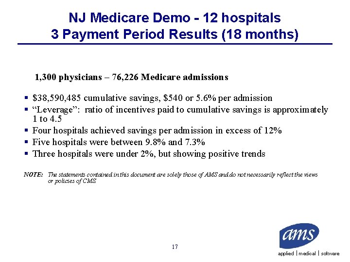 NJ Medicare Demo - 12 hospitals 3 Payment Period Results (18 months) 1, 300
