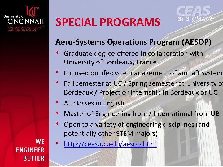 SPECIAL PROGRAMS at a glance Aero-Systems Operations Program (AESOP) • Graduate degree offered in