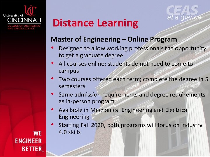 Distance Learning at a glance Master of Engineering – Online Program • Designed to