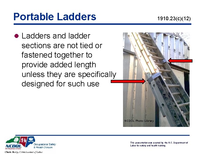 Portable Ladders 1910. 23(c)(12) l Ladders and ladder sections are not tied or fastened