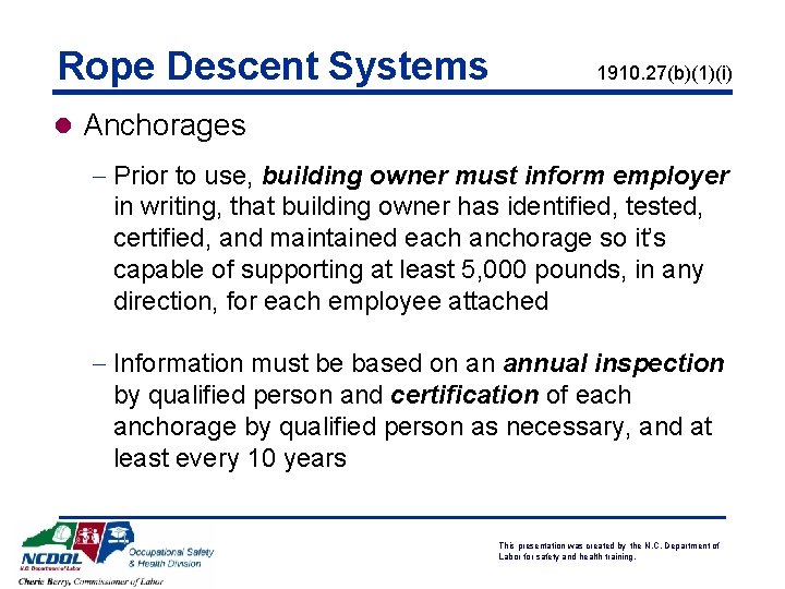 Rope Descent Systems 1910. 27(b)(1)(i) l Anchorages - Prior to use, building owner must