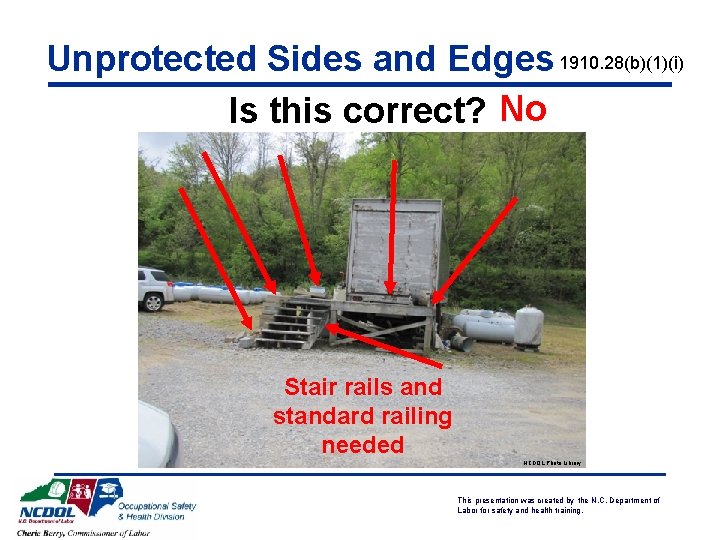 Unprotected Sides and Edges 1910. 28(b)(1)(i) Is this correct? No Stair rails and standard