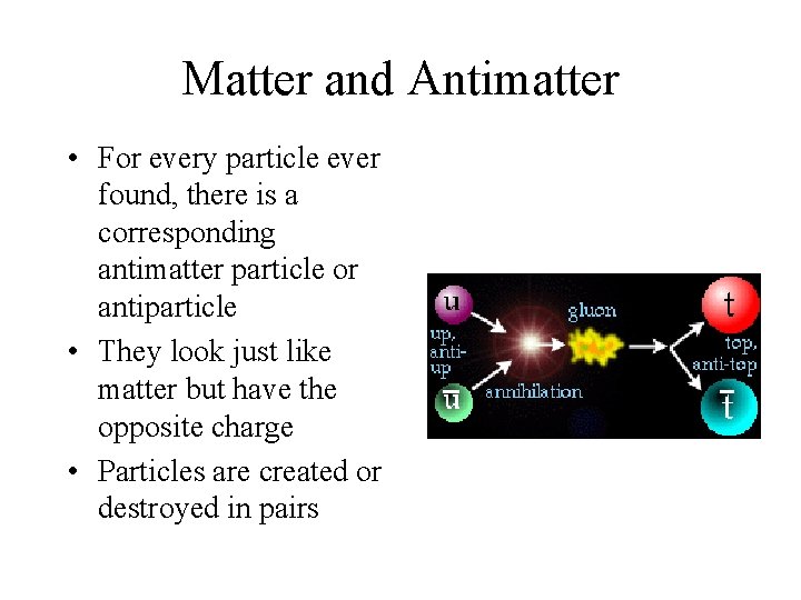 Matter and Antimatter • For every particle ever found, there is a corresponding antimatter