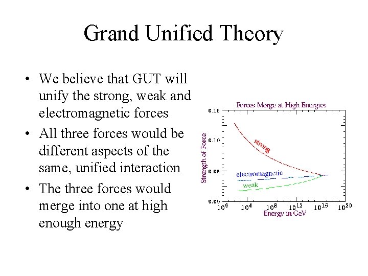Grand Unified Theory • We believe that GUT will unify the strong, weak and