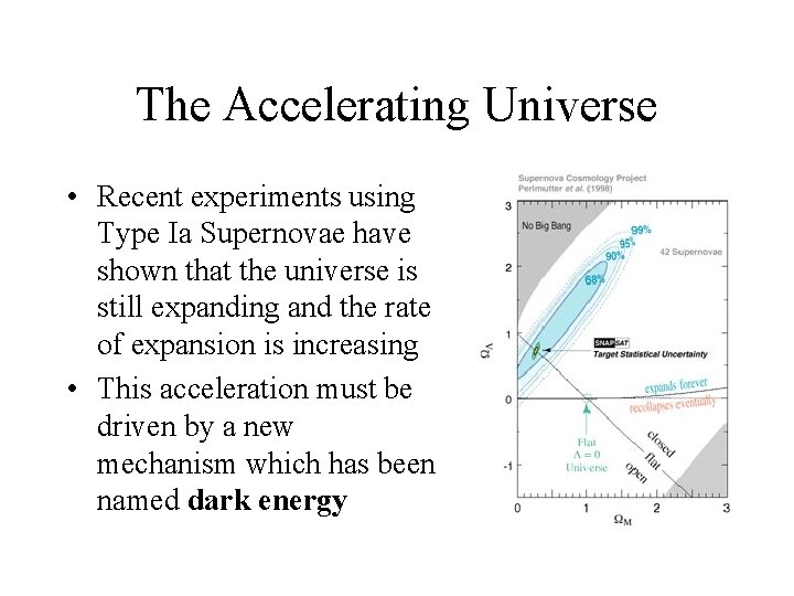 The Accelerating Universe • Recent experiments using Type Ia Supernovae have shown that the