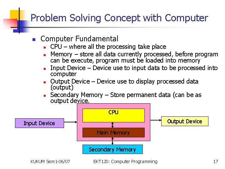 Problem Solving Concept with Computer n Computer Fundamental n n n CPU – where