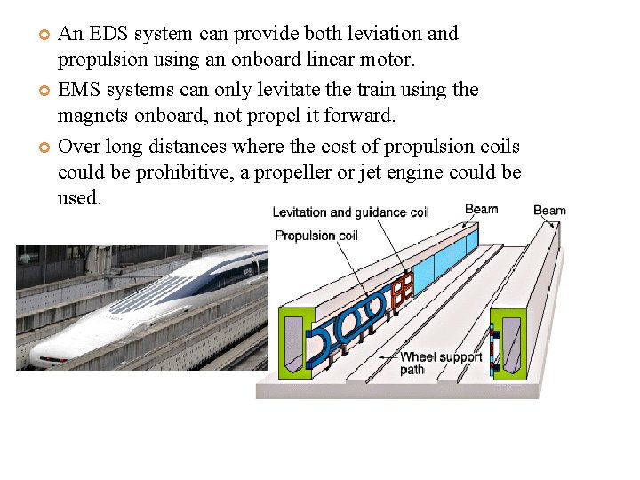 An EDS system can provide both leviation and propulsion using an onboard linear motor.
