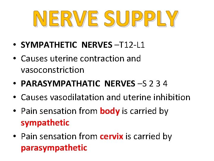 NERVE SUPPLY • SYMPATHETIC NERVES –T 12 -L 1 • Causes uterine contraction and NERVE SUPPLY • SYMPATHETIC NERVES –T 12 -L 1 • Causes uterine contraction and