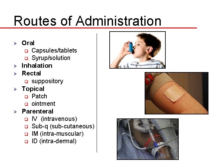 Routes of Administration Ø Ø Ø Oral q Capsules/tablets q Syrup/solution Inhalation Rectal q
