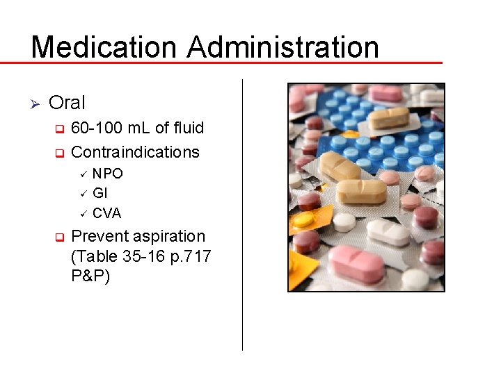 Medication Administration Ø Oral 60 -100 m. L of fluid q Contraindications q ü
