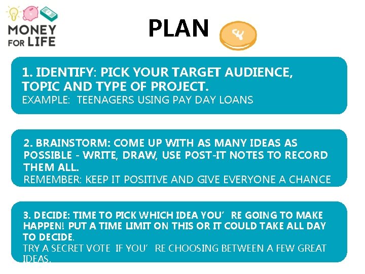 PLAN 1. IDENTIFY: PICK YOUR TARGET AUDIENCE, TOPIC AND TYPE OF PROJECT. EXAMPLE: TEENAGERS