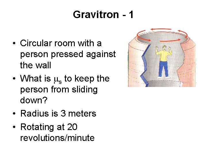 Gravitron - 1 • Circular room with a person pressed against the wall •