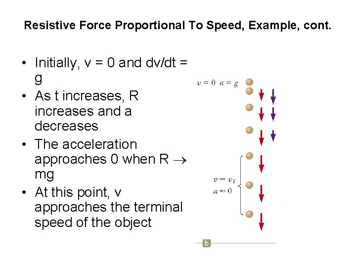 Resistive Force Proportional To Speed, Example, cont. • Initially, v = 0 and dv/dt