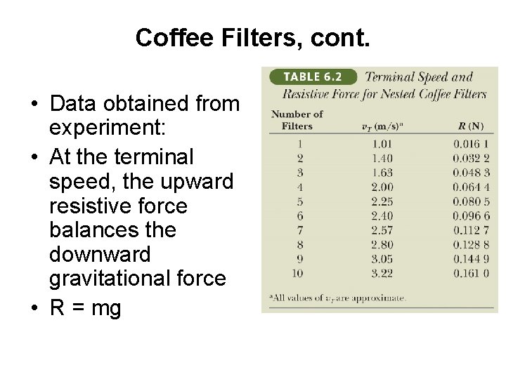 Coffee Filters, cont. • Data obtained from experiment: • At the terminal speed, the