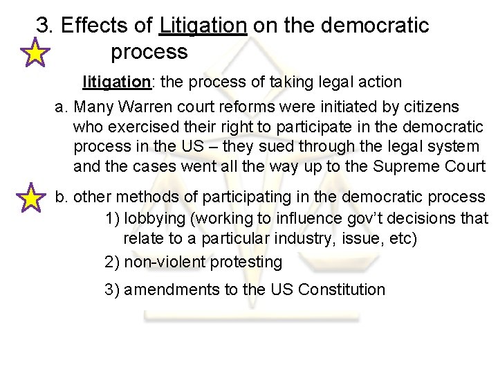  3. Effects of Litigation on the democratic process litigation: the process of taking