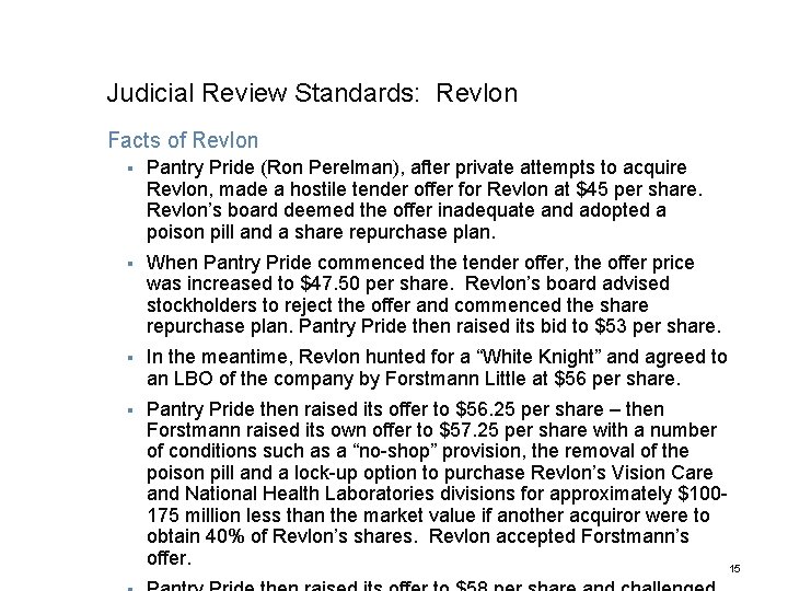 Judicial Review Standards: Revlon Facts of Revlon § Pantry Pride (Ron Perelman), after private