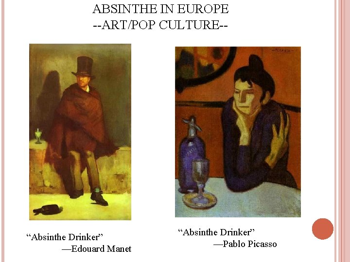 ABSINTHE IN EUROPE --ART/POP CULTURE-- “Absinthe Drinker” —Edouard Manet “Absinthe Drinker” —Pablo Picasso 