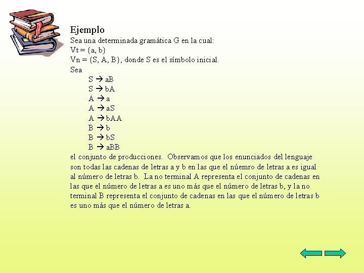 Ejemplo Sea una determinada gramática G en la cual: Vt = {a, b} Vn