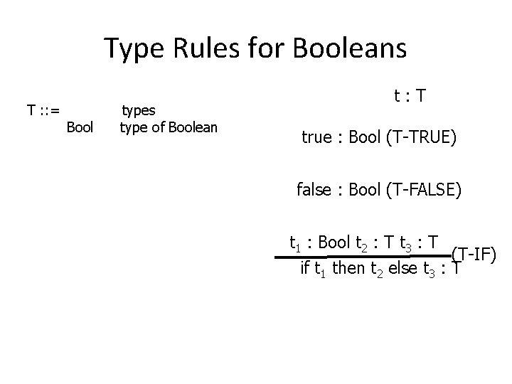 Type Rules for Booleans T : : = Bool types type of Boolean t: