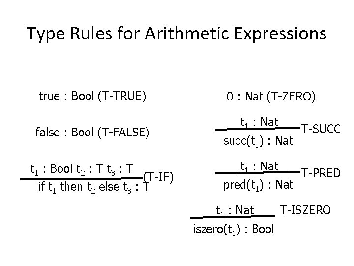 Type Rules for Arithmetic Expressions true : Bool (T-TRUE) false : Bool (T-FALSE) t