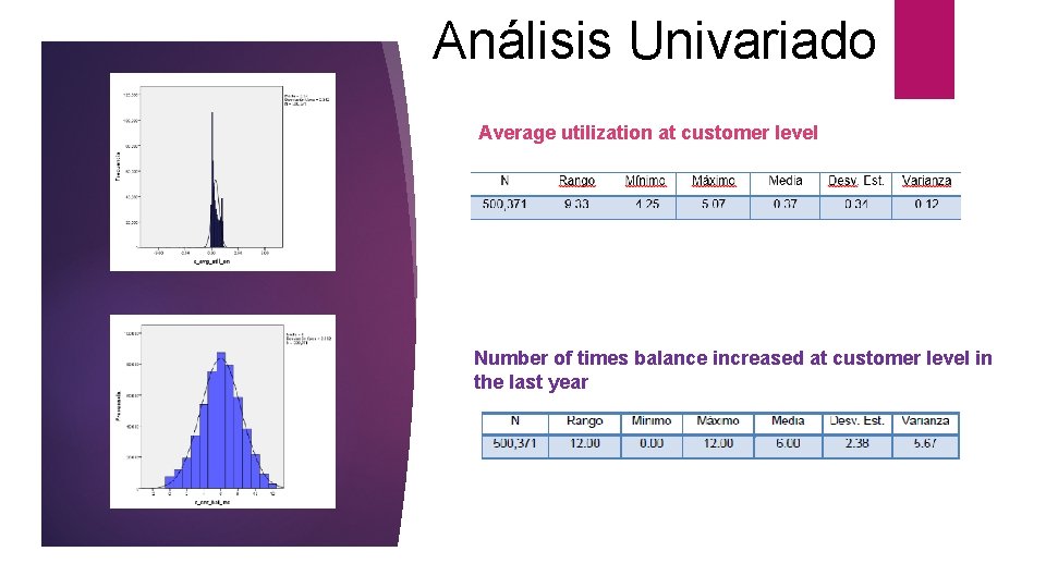Análisis Univariado Average utilization at customer level Number of times balance increased at customer Análisis Univariado Average utilization at customer level Number of times balance increased at customer