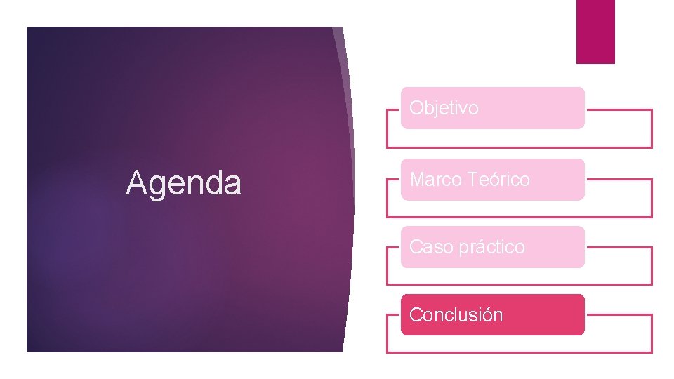 Objetivo Agenda Marco Teórico Caso práctico Conclusión Objetivo Agenda Marco Teórico Caso práctico Conclusión