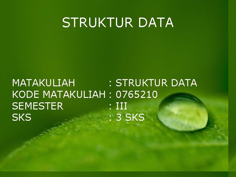 STRUKTUR DATA MATAKULIAH : KODE MATAKULIAH : SEMESTER : SKS : STRUKTUR DATA 0765210